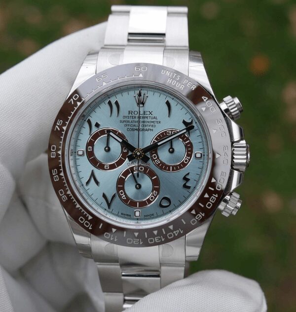 Replica Rolex Daynota Ice Blue Arabic Dial Platinum Watch - IP Empire Replica Watches