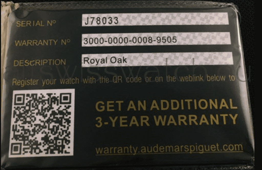Tarjeta de garantía personalizada Audemars Piguet Replica