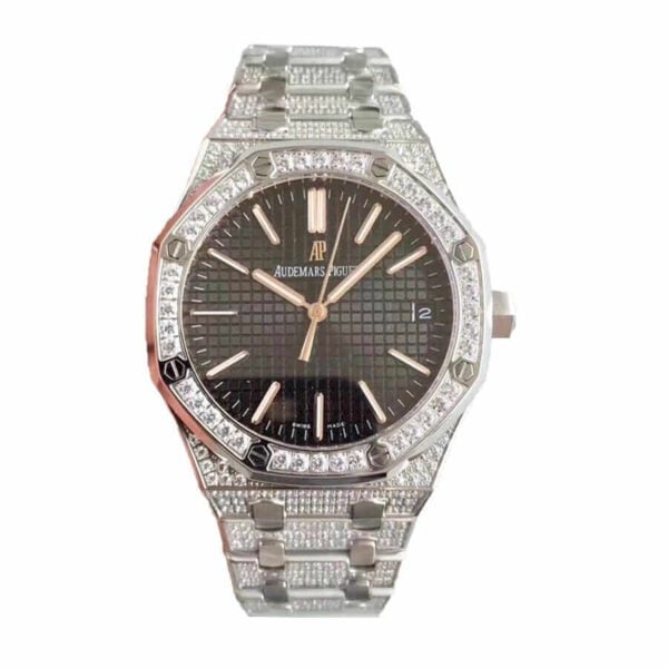 audemars piguet royal oak silver diamond black dial a110bl72 iced out replica 2