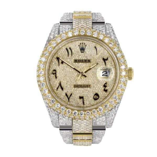 rolex datejust two tone yellow gold arabic dial iced out 116300 replica