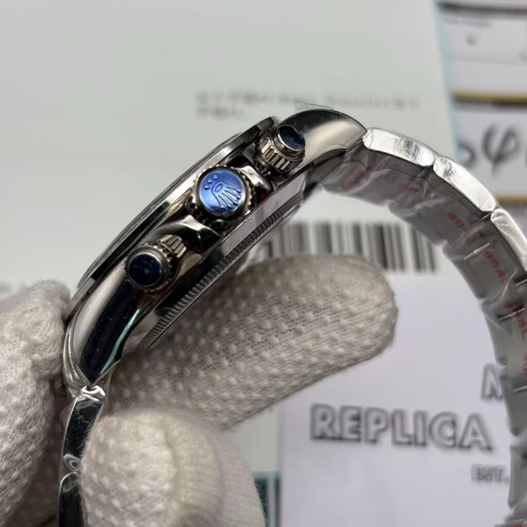 Side profile of Rolex Cosmograph Daytona super clone showing polished stainless steel case crown